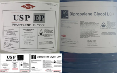 Nhãn trên phuy Propylene Glycol USP/EP và Dipropylene Glycol LO+ Dow có thay đổi